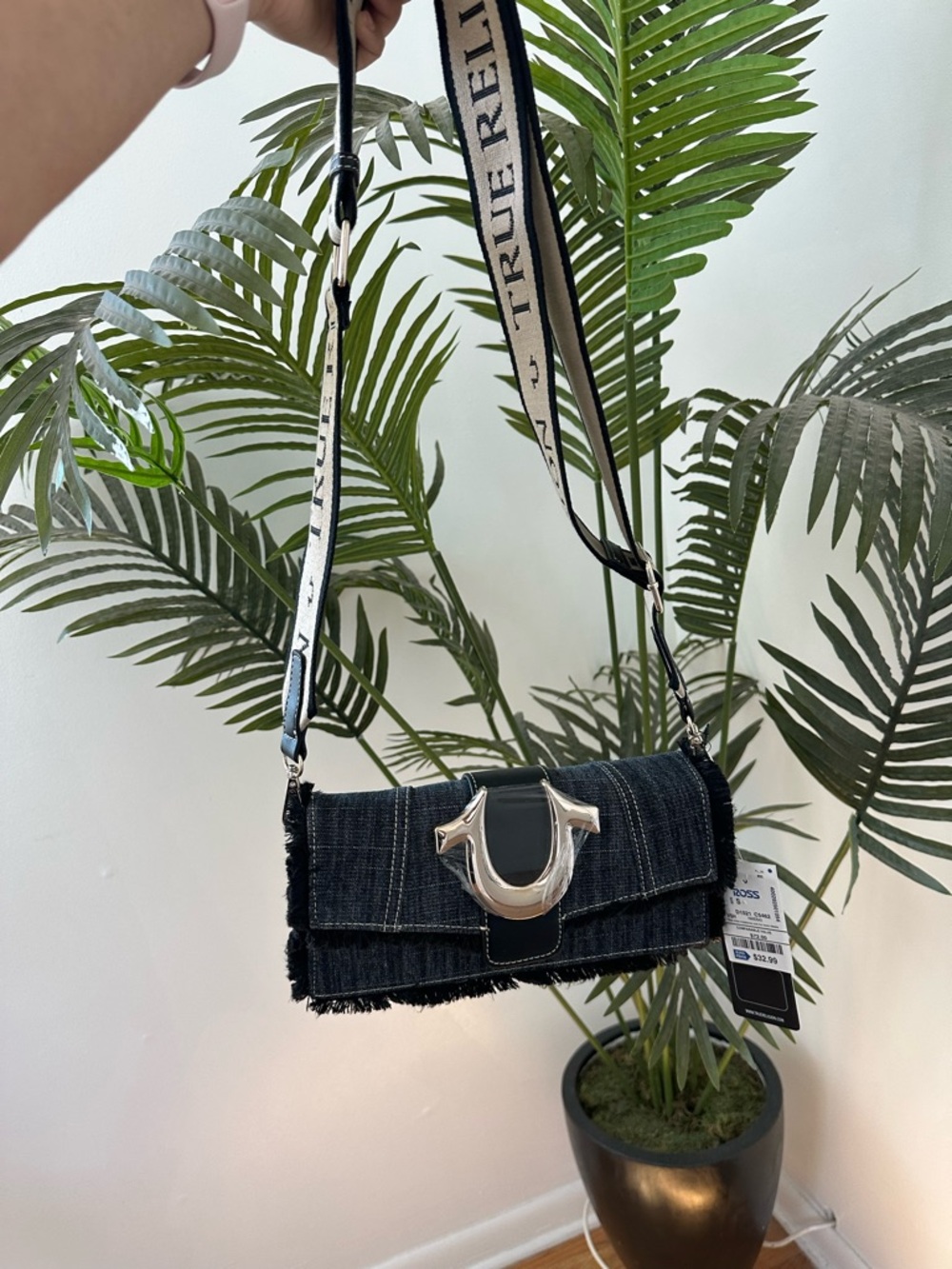 True Religion Black Denim Crossbody with Silver Horseshoe Lock